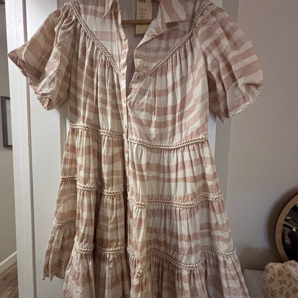 Elegant Striped Mini Dress in Tan & White